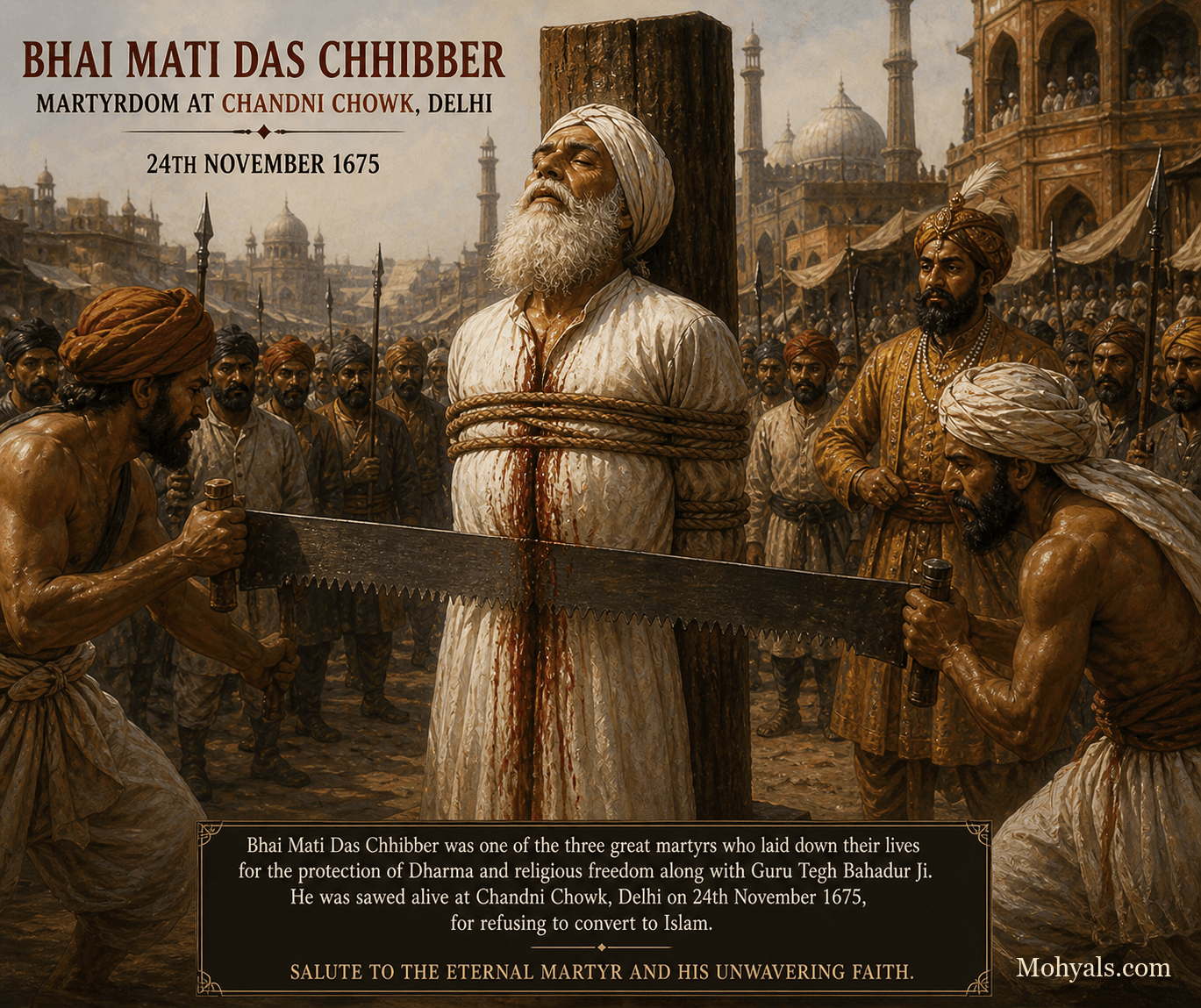 Illustration of Bhai Mati Das Chhibber's martyrdom with Guru Tegh Bahadur in Chandni Chowk, Delhi, in 1675